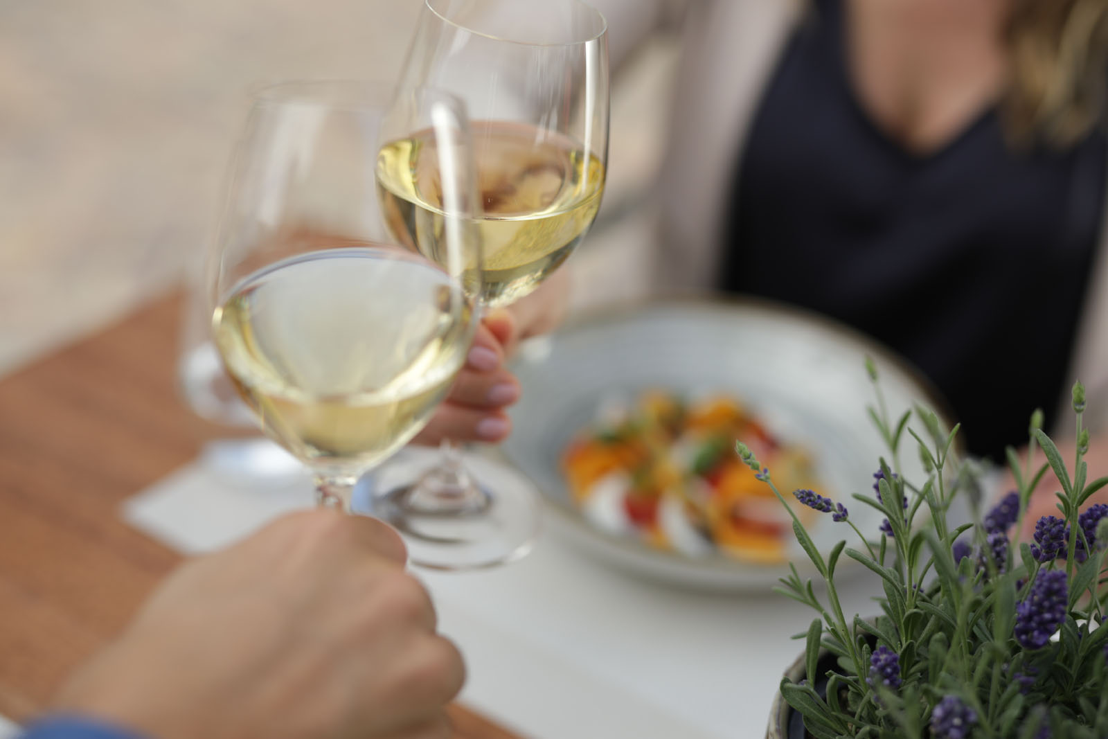 Menschen toasten mit Sekt beim Dinner