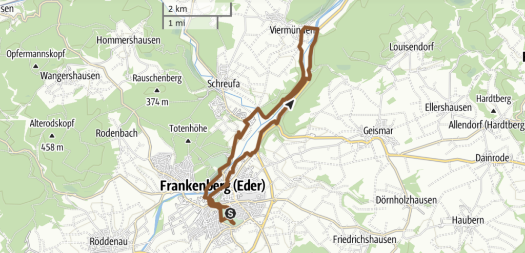Radtouren in Hessen: Karte einer Tour durch die Nuhne